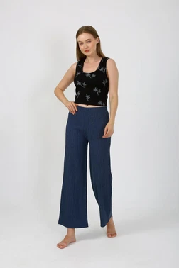 Akbeniz Kalın Askılı Body Bol Paça Kadın Pantolon 2li Takım Siyah Akbeniz 4221